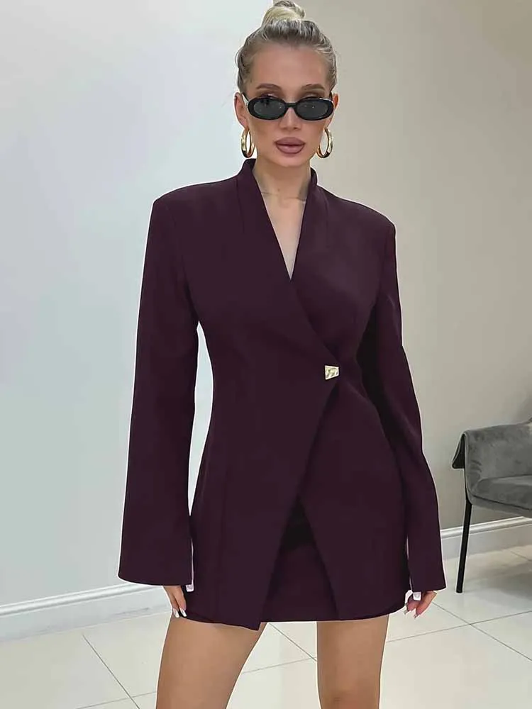 

Elegant Solid Blazer Skirt Set Women Long Sleeve V-neck Slim Jacket Mini Skirt Two Piece Suits 2025 Autumn Chic Street Outfits