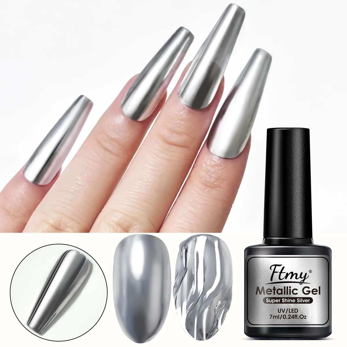 7 ml silbernes metallisches Nail-Art-Gel, hochglänzendes Spiegel-Finish, festes Muster, niedrig allergen, ovale Form, Nail-Art-Kleber für Ped