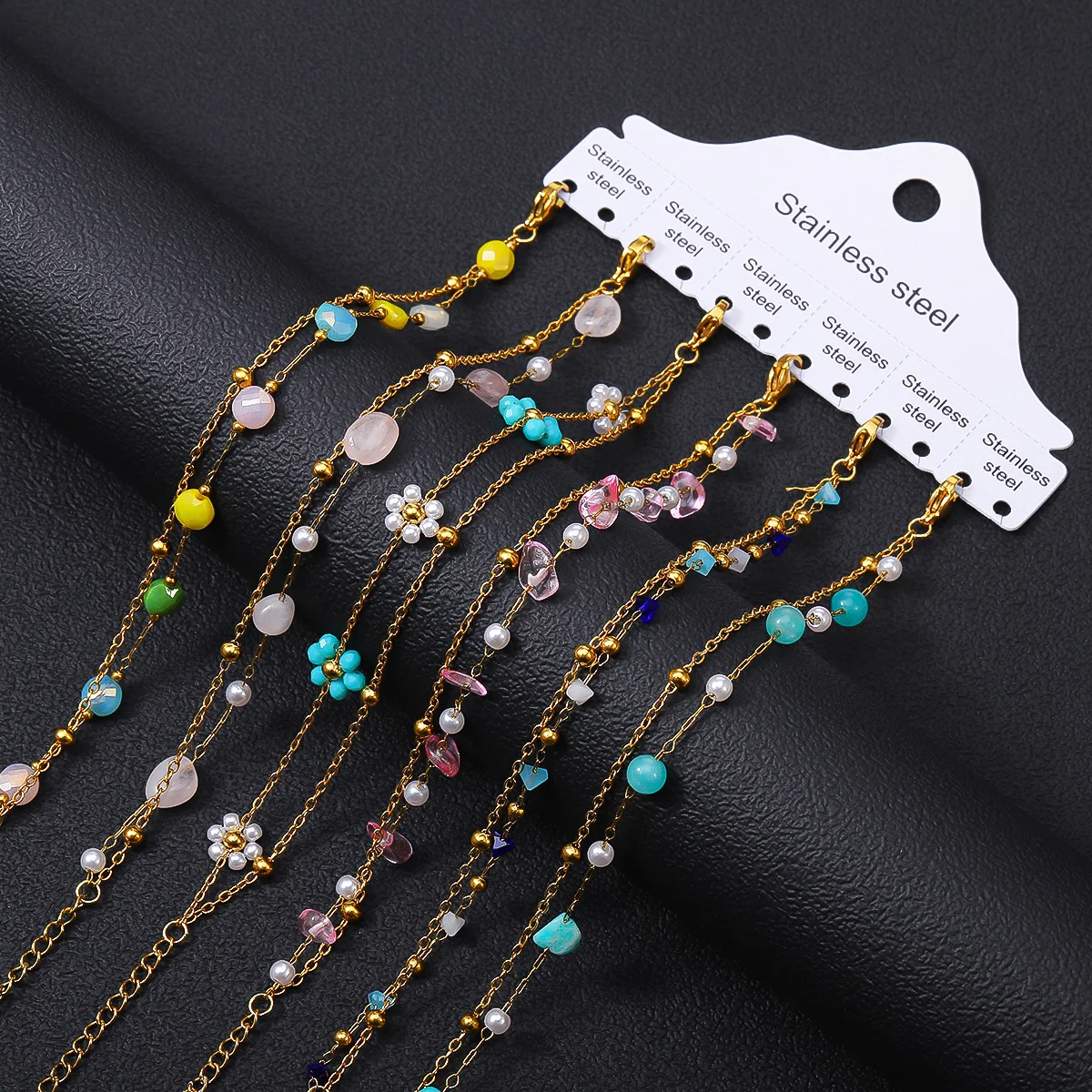 

6Pcs/Set Stainless Steel Double-layer Bracelet, Colorful Rhinestone With Gold Color Round Bead Bracelet, Exquisite Jewelry Gift