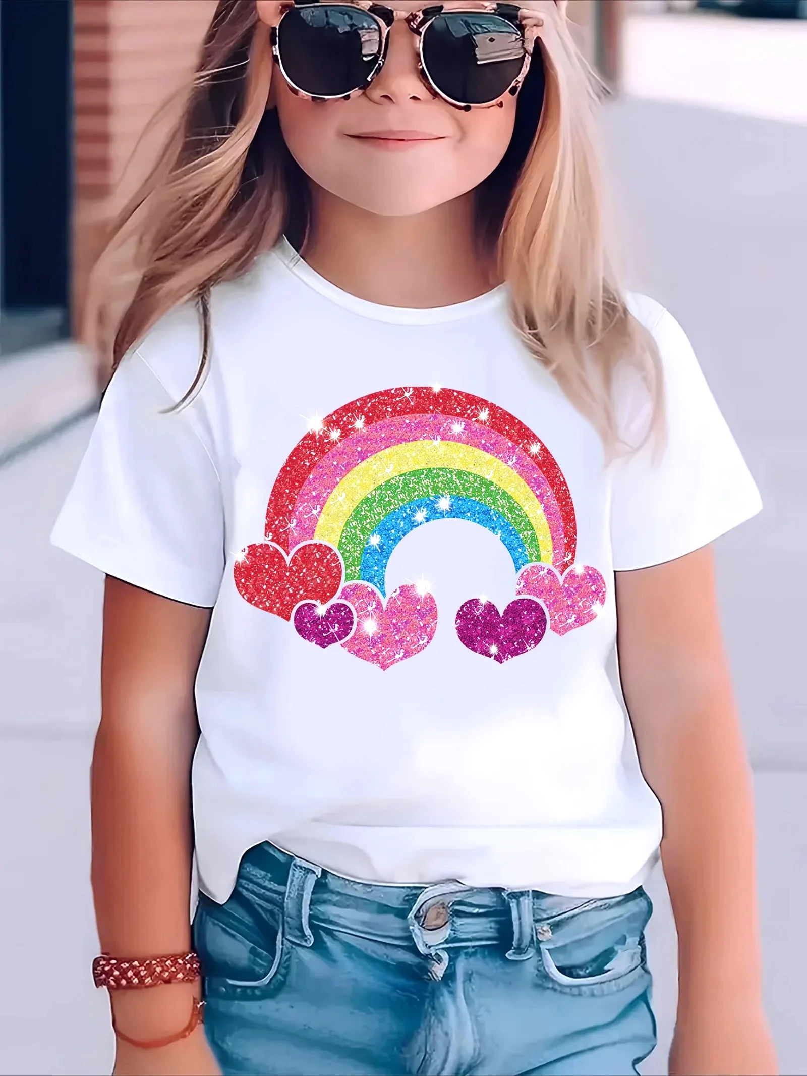 2026 Summer New Fashion Girls' Round Neck Short Sleeve Rainbow Heart Print T-Shirt Casual Summer Versatile Top Trendy Clothing