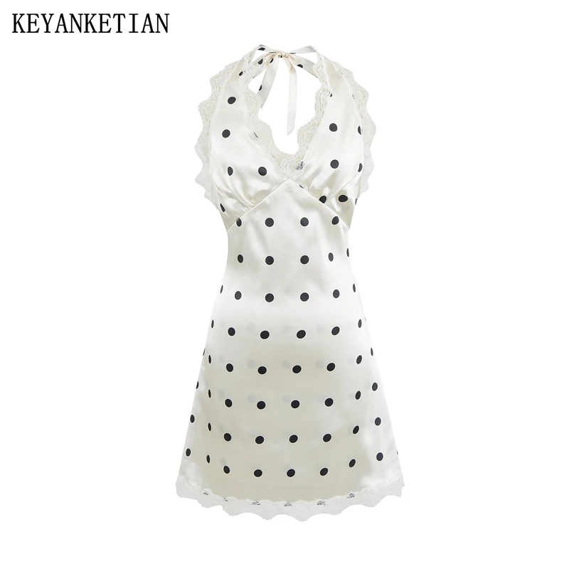 KEYANKETIAN 2025 Summer New French Style Lace  Decoration V-Neck Polka Dots Print Mini Dress Women's Backless Halter Satin Dress