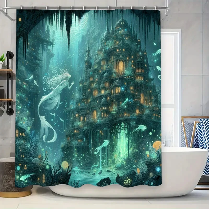 

Зачарованная занавеска для ванны с изображением русалки, синий сказочный замок, занавеска для душа для декора ванной комнаты, водонепроницаемая ткань, 72 x 84 дюйма