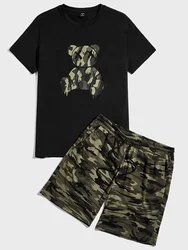 Men's summer short-sleeved top shorts set bear print men's everyday casual T-shirt street fashion camouflage print men's shorts