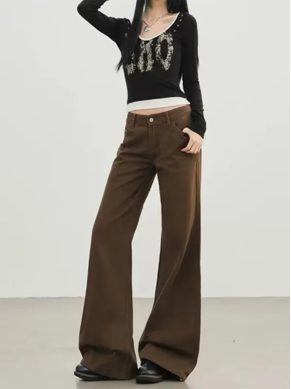 Jeans a Zampa Marrone per Donna, Autunno Inverno, Vita Bassa, Gamba Dritta, Stile Vintage con Chiusura a Zip, per Uso Quotidiano