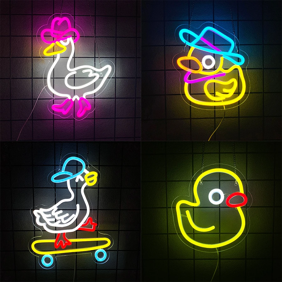 Sinais de néon da série de pato dos desenhos animados, ícones de led de pato amarelo bonito feitos à mão, usados para quarto, casa, sala de jogos, bar, decoração de arte de escritório.