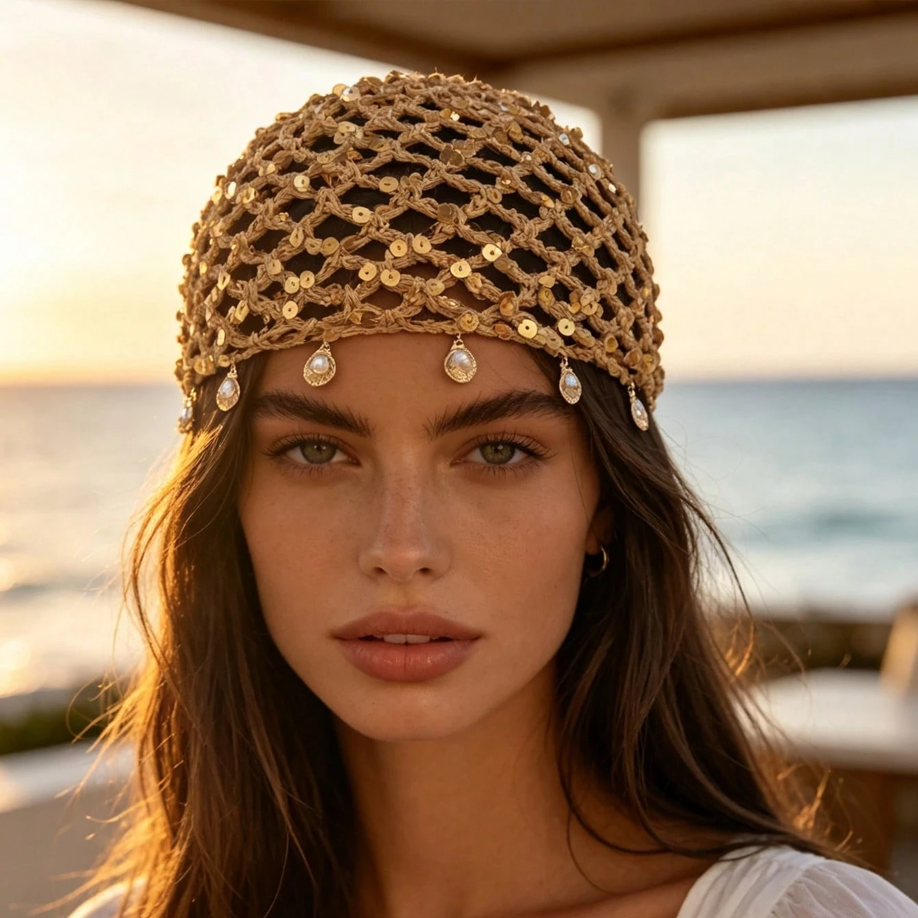 Bohemian Hollow Crochet Mesh Hair Cap Shiny Gold Sequins Shell Pearl Tassel Woven Head Cover,Beach Vacation  Party Accessories
