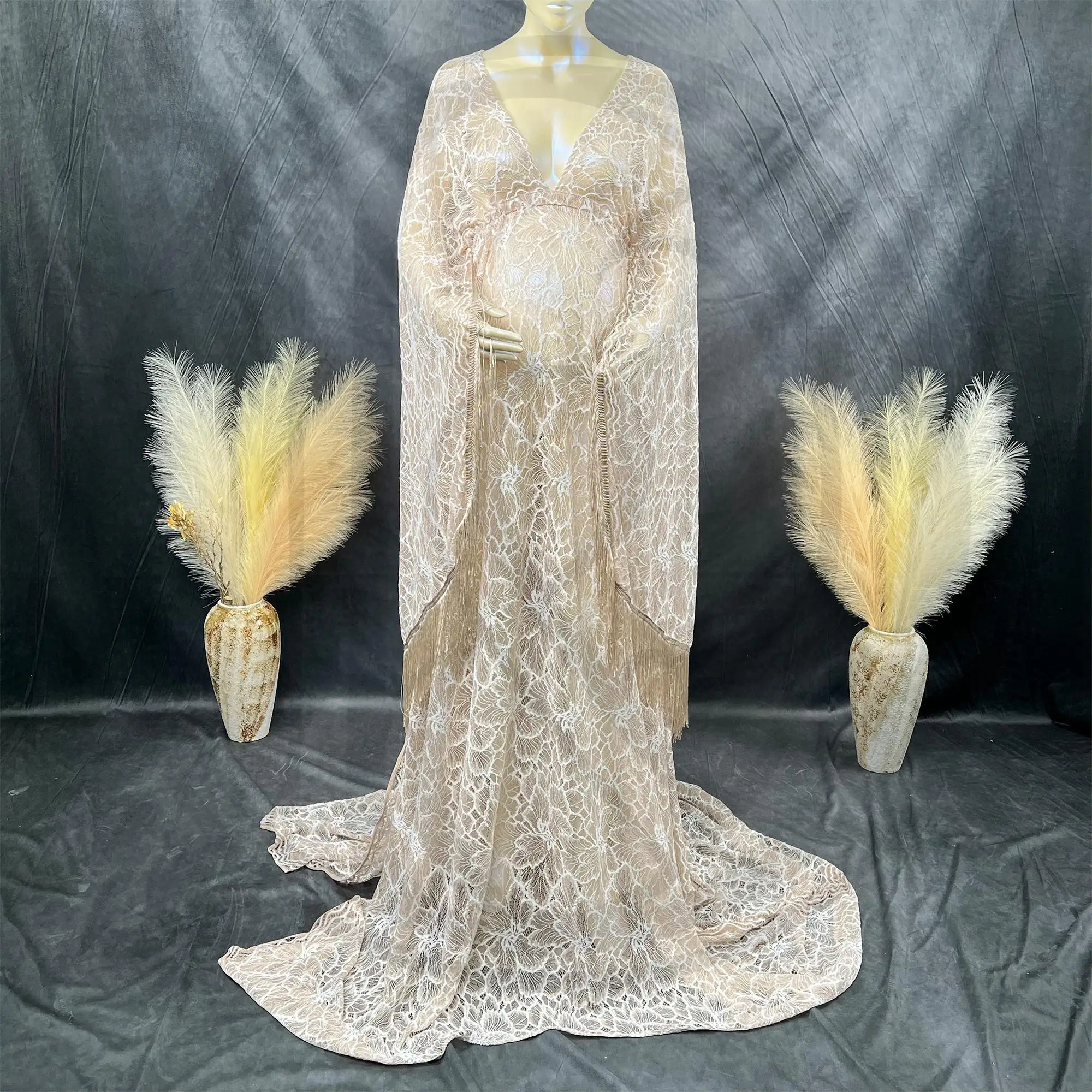 

Don&Judy Gown For Pregnant Woman Photography Lace And Tassel Long Sleeve Dress Maternity Clothing For Photo Shoot