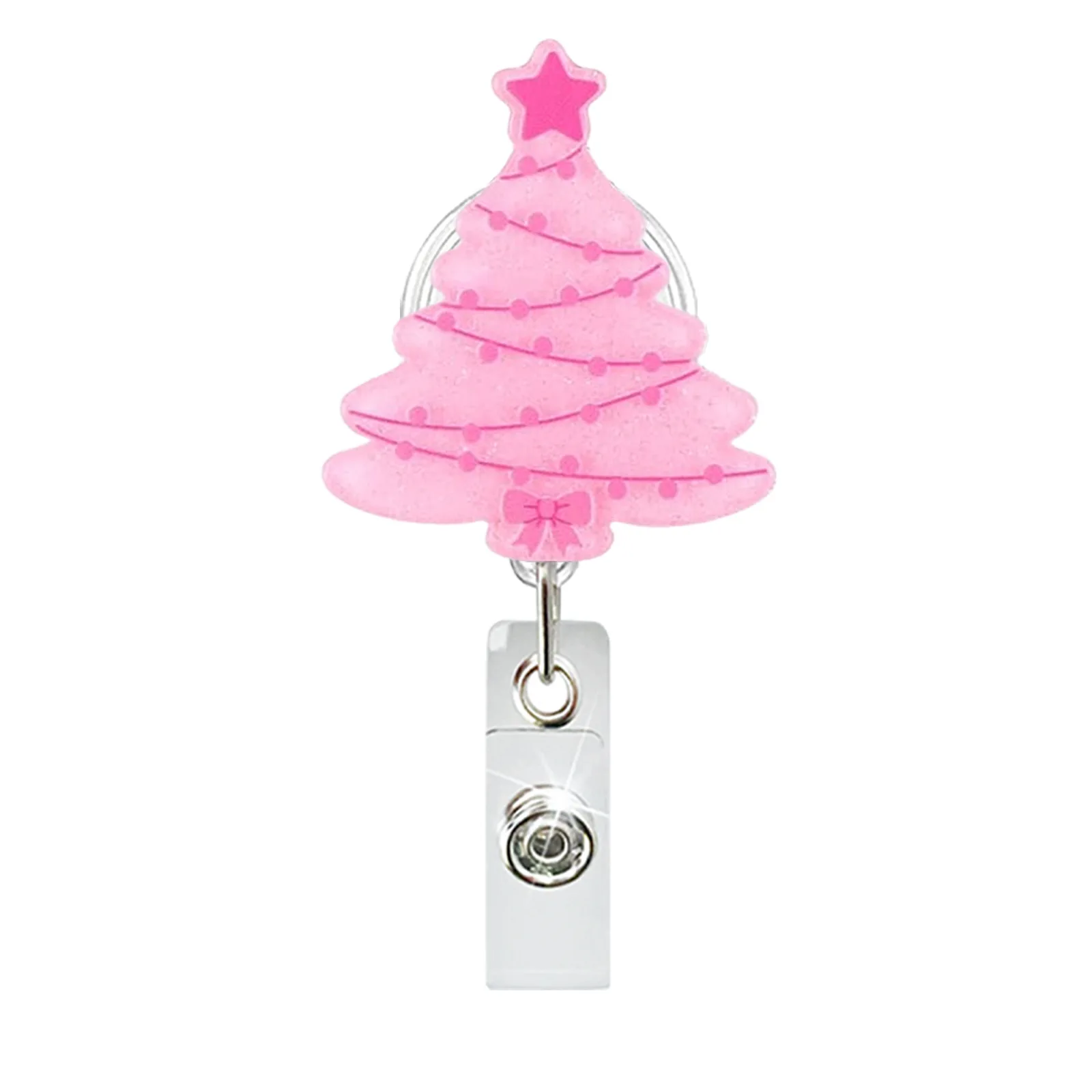 1 個の新しいアクリルクリスマスツリーサンタクロースバッジリール格納式 ID バッジホルダー 360 回転ワニ口クリップ名ホルダー付き