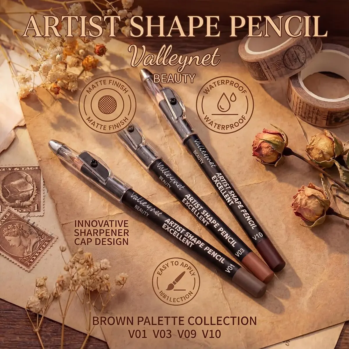 4 Piece Brown Shades Lip Liner Set, Matte, Waterproof, Compatible with Various Lip Glosses and Lipsticks, Portable Bag Size