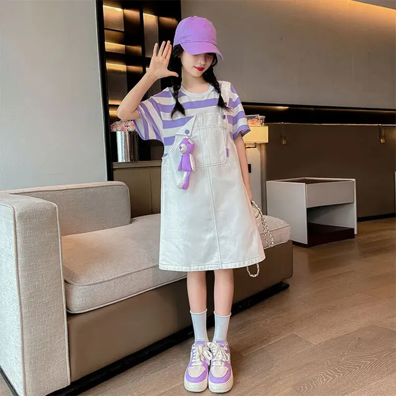 New Girl Summer Dress with Straps Preppy style children Princess Purple Dresses kids striped vestidos 5to14year