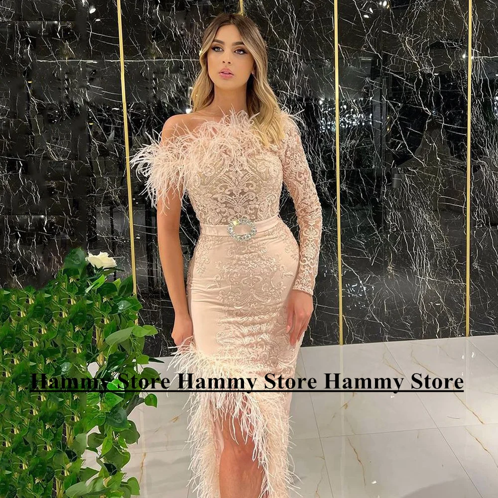 Champagne Lace Memaid Evening Dress Customized Long Sleeve Applique Ankle Length Belt Robe De Soiree Feathers Prom Party Gown