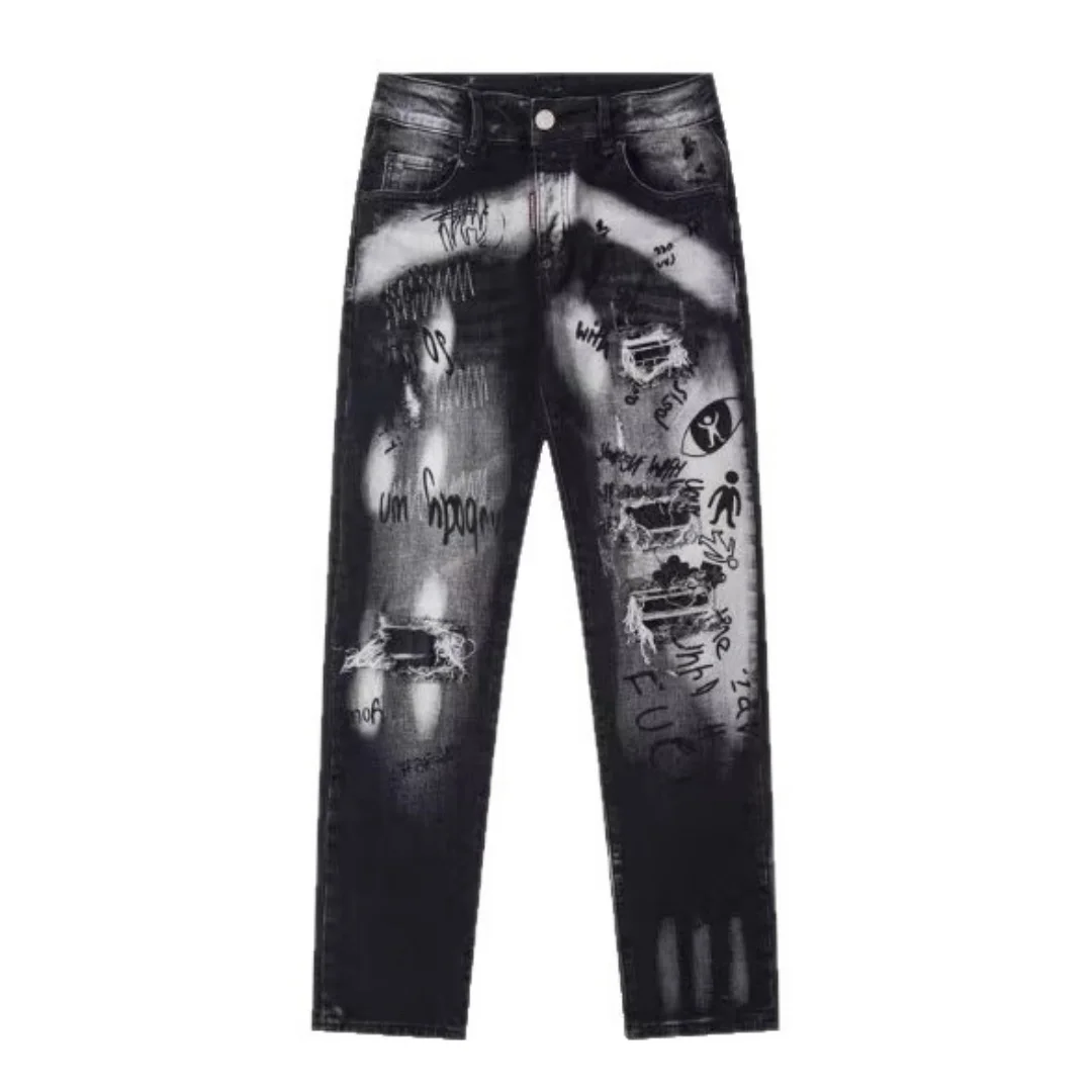 

Блестящие джинсы для мужчин, прямые джинсы, тонкие рваные джинсовые зауженные брюки с принтом, эластичные мягкие брюки, брендовая одежда, винтажная одежда