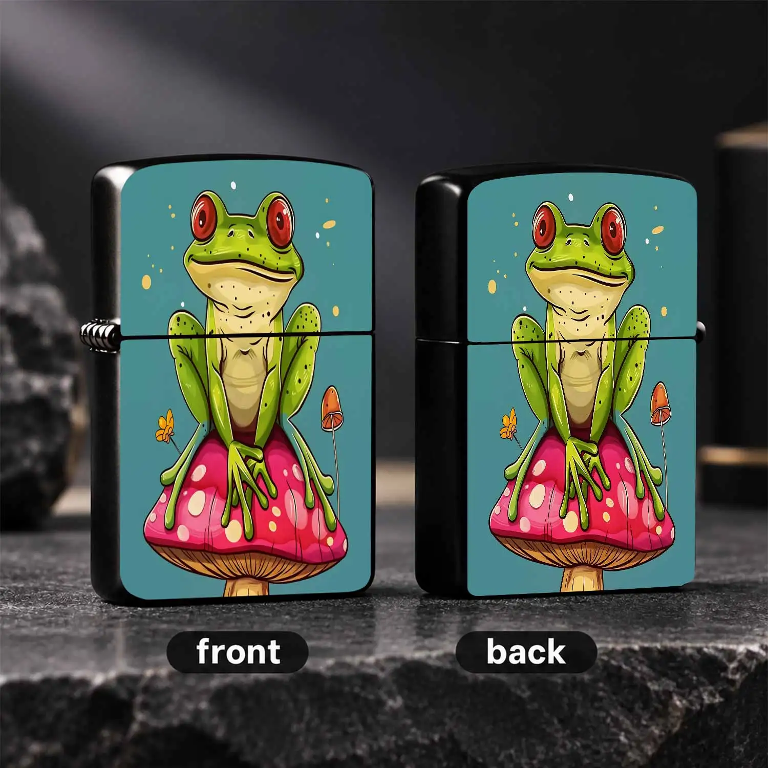 Cartoon Red-Eyed Frog Sitting On Spotted Mushroom Lighter, Cute Whimsical Illustrated Frog Pattern Portable Pocket Lighter, Fun Playful Decorative Accessory For Daily Use Gatherings Camping Gifting, Unique Stylish Light A Humorous And Inter