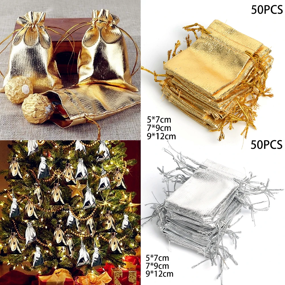 50pcs Gold Silver Metallic Organza Drawstring Pouches Candy Gift Bag For Wedding Christmas Candy Gift Bags Jewelry Packing