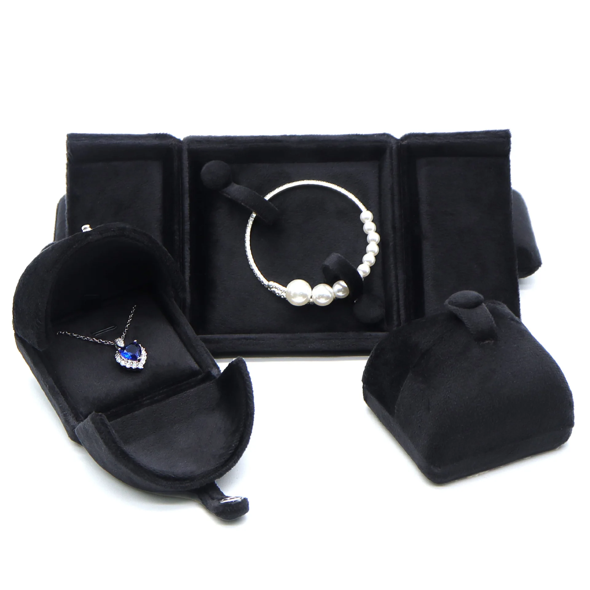 

Черный бархатный органайзер для ювелирных изделий, двухдверный дизайн, элегантная коробка для хранения колец, ожерелий, браслетов, роскошная подарочная коробка для ювелирных изделий