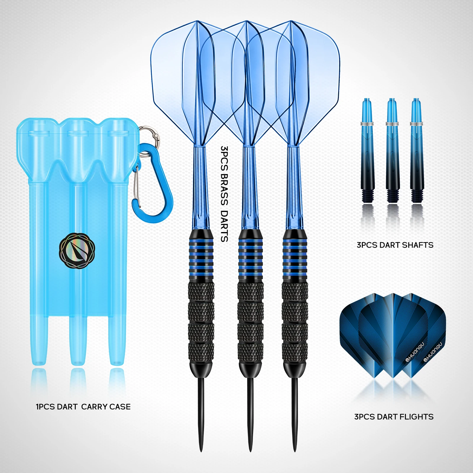 HUANQU 3Pcs 24g Steel Tip Darts Set with Blue Integrated Flight Shafts, Carry Case & Extra Plastic Shafts Standard Flights