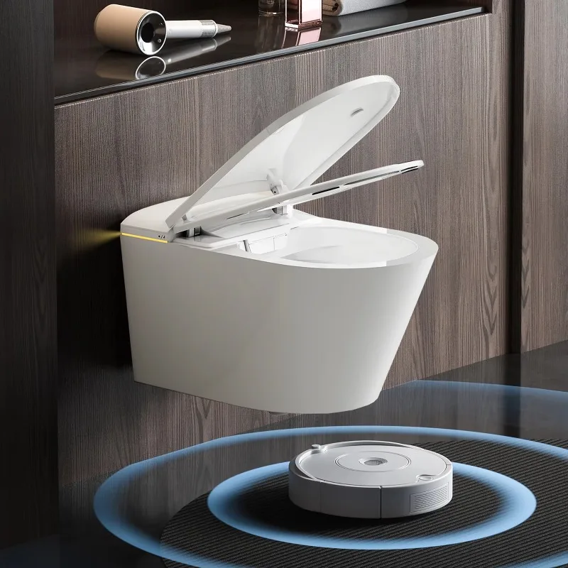 โถสุขภัณฑ์ติดผนังอัจฉริยะพร้อมฝาเปิดอัตโนมัติ เซ็นเซอร์ตรวจจับการนั่ง รีโมทคอนโทรล ระบบทำความร้อน แผ่นโฟมในตัว ทรงยาว ไม่ใช้น้ำ