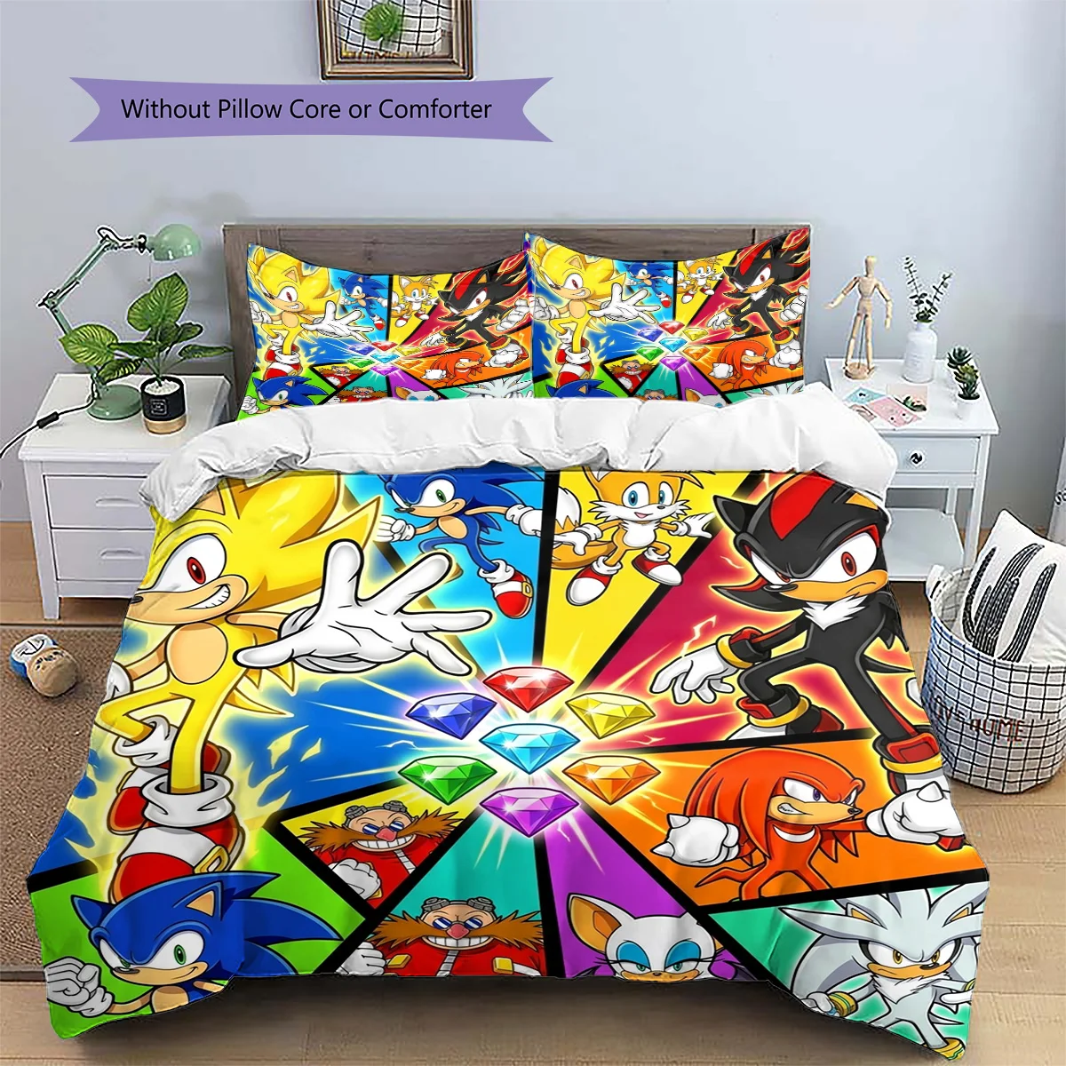 Hedgehog Sonic Patterned Pillowcase & Duvet Cover Set Bedroom Modern Decor Anime Bedding Special Gift for Fans.-TING