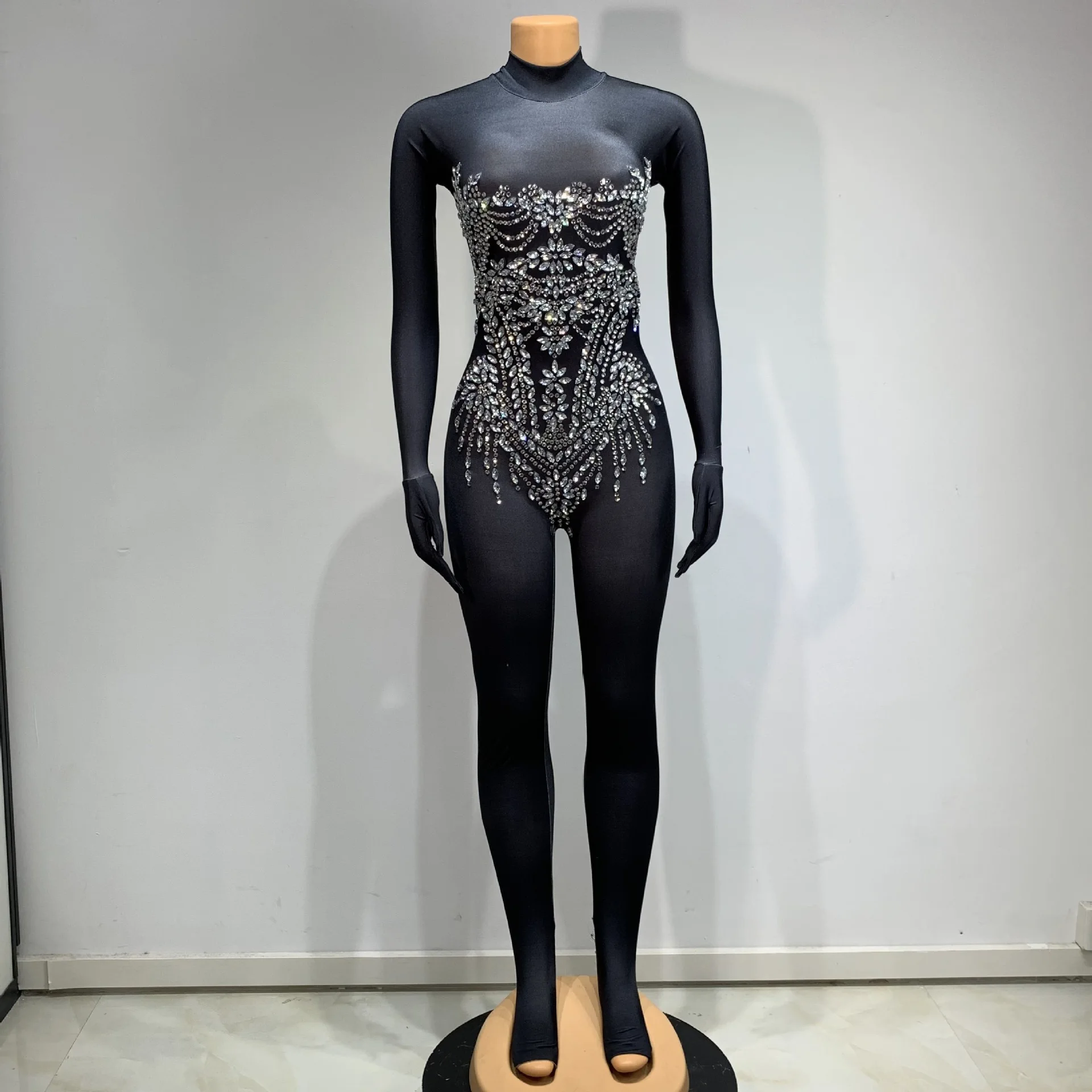 Mono negro para mujer, vestidos para ocasiones especiales, guantes, manga, cuentas de cristal, ceñido al cuerpo, vestido de noche para discoteca, disfraces de espectáculo de escenario