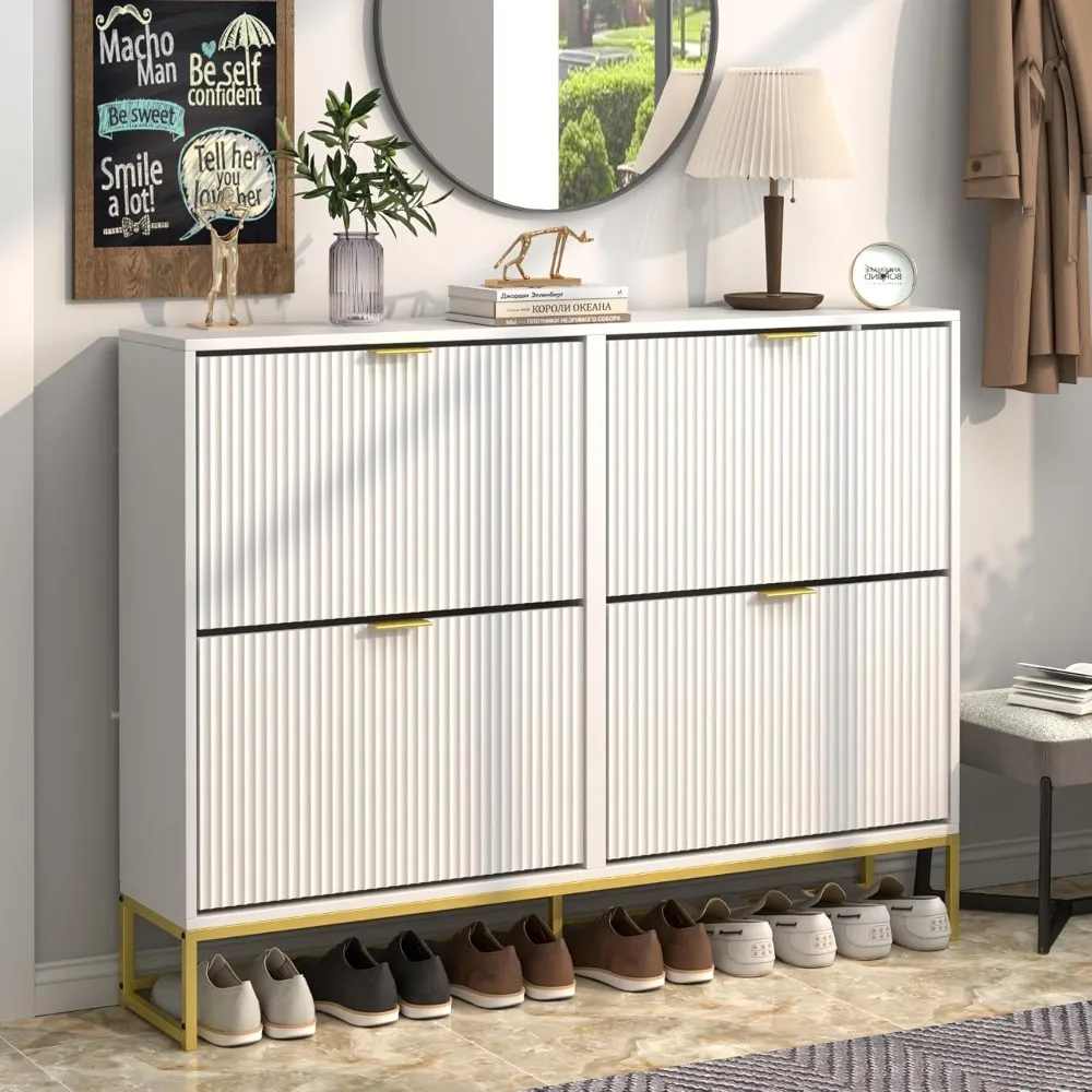 

Shoe Cabinet Storage for Entryway Slim Modern Shoe Rack Cabinet with 4 Flip Drawers Tipping Wooden Narrow Shoe Cabinet