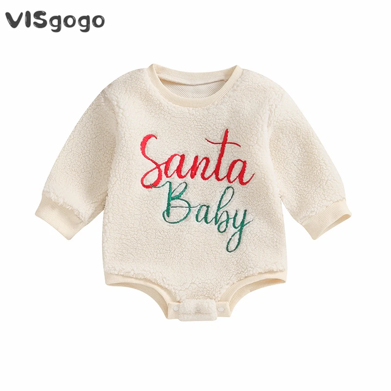 

VISgogo Newborn Baby Christmas Romper Long Sleeve Round Neck Letter/Deer Embroidery Bodysuit Infant Fleece Winter Xmas Outfit