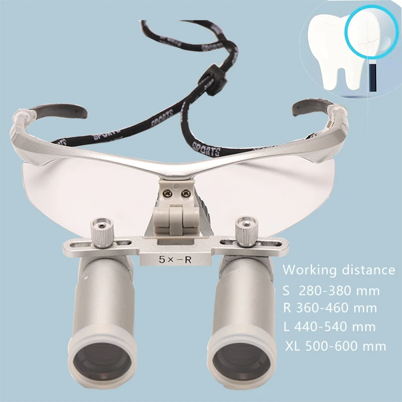 5X Dental Loupes 360-600 MM Working Distance Sliver Metal Plastic Binocular Magniying Glass Oral Surgery Tools Dentistry Dentist