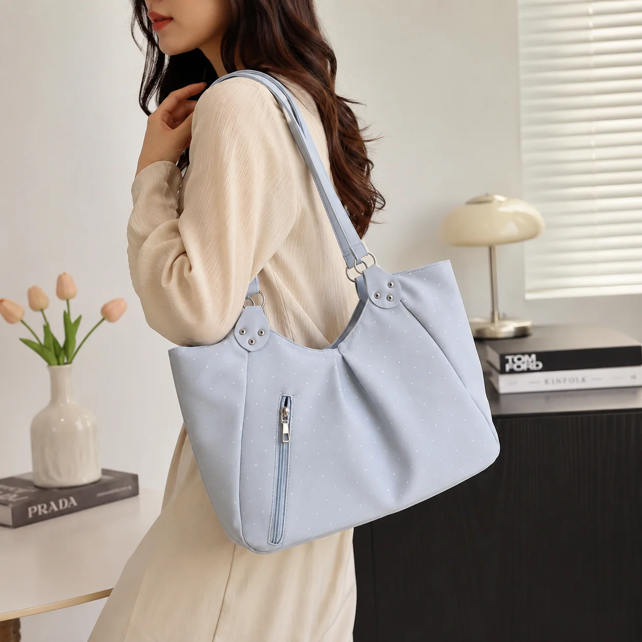 Shoulder Tote Bag Korean Polka Dot Retro Cute Zipper Vintage Large Capacity Underarm Casual Daily New Hot forWomen Shopping Work image 2