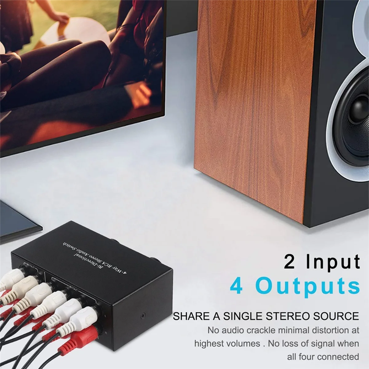 AU47-Bi-Directional 4-Way RCA Stereo Audio Switch L/R Sound Channel Audio Switcher,2 in 4 Out or 4 in 2 Out Audio Splitter