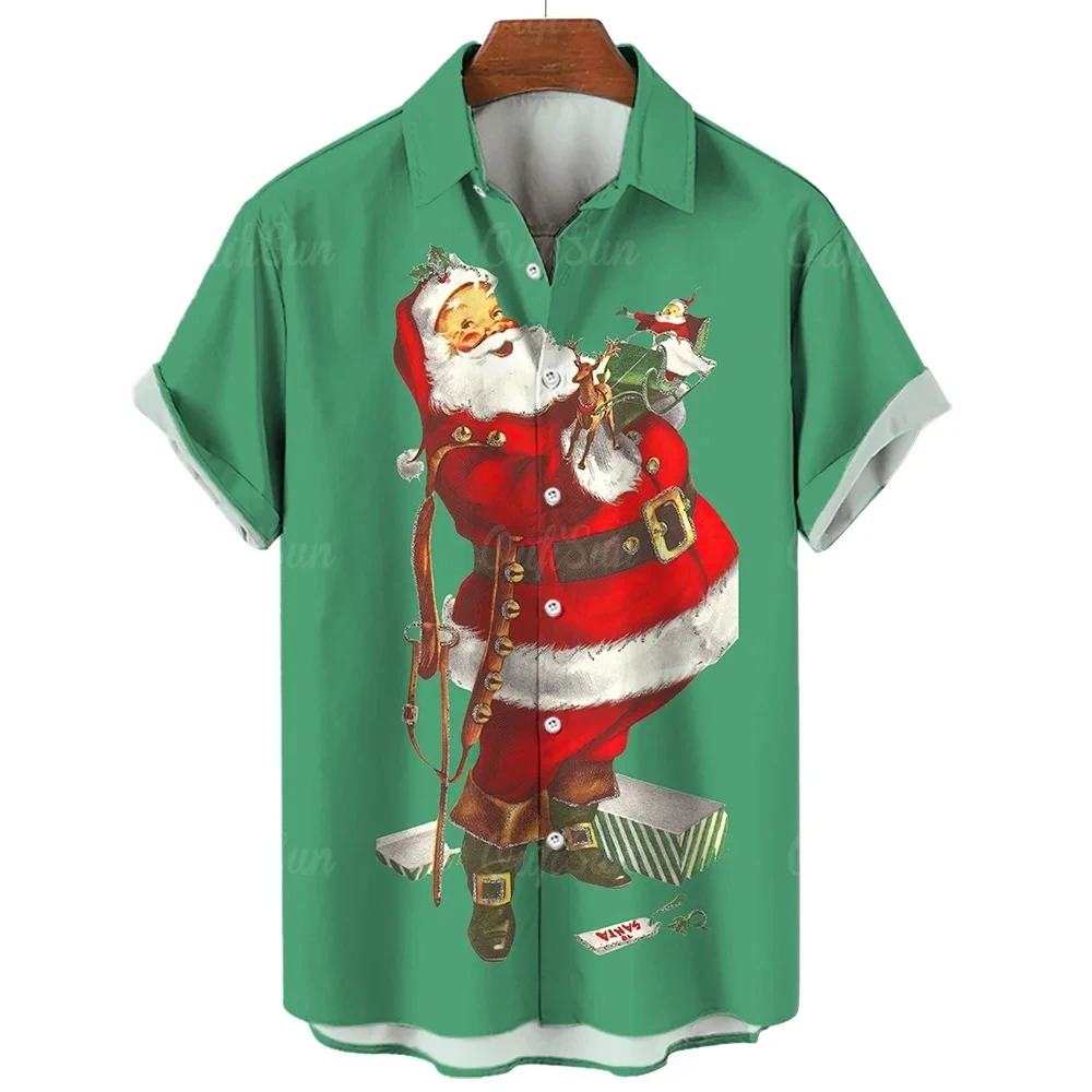 Snowman Christmas Tree Claus Santa Presents Ice Bear Mens Hawaiian Shirt 3d Print Short Sleeved Top Beach Party Clothes Loose