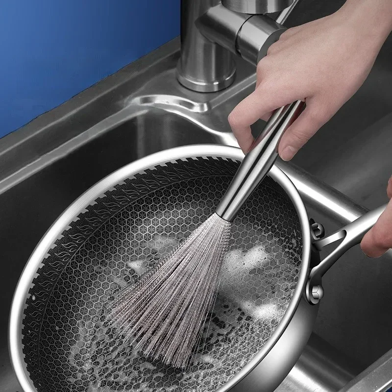 1 Pcs Stainless Steel Pan Brush Bowl Plate Long Handle Strong Decontamination Convenient Fast Sink Stove Kitchen Cleaning Tools