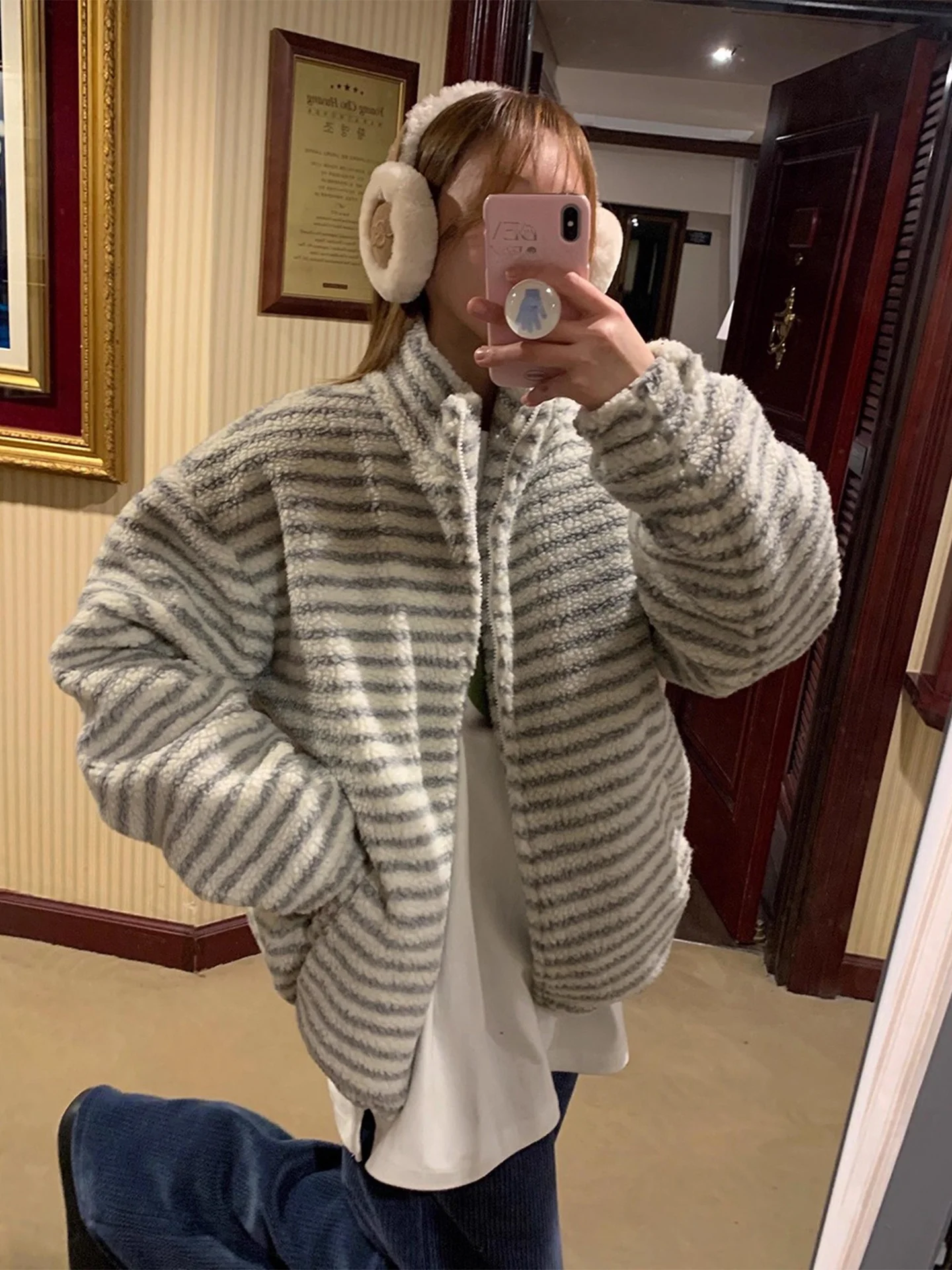 Senhoras thiened fce listra algodão jaet casaco de pele de cordeiro primavera outono inverno novo sle vintage quente commute sle ort casaco