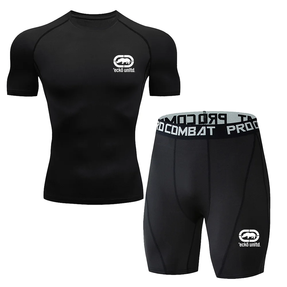 Men 2‑Piece Compression Sport Set Ecko Unltd Print Short Sleeve T‑shirt+Compression Shorts Quick Dry Gym Workout Running Fitness