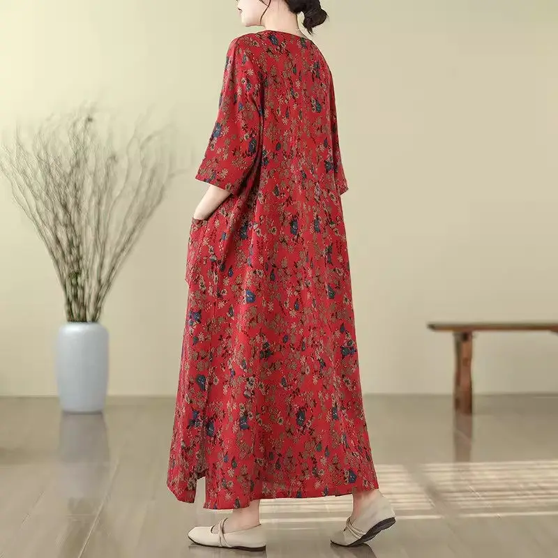 Women\'s Oversized Cotton Linen Dress 3/4 Sleeve Long Summer Dress 2026 New Vacation Style Beach Travel Dress Z4893