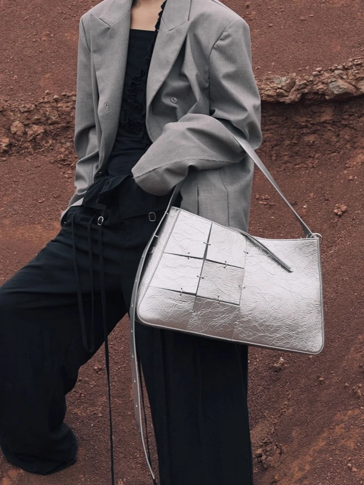 

Silver Fashion Niche Unique Genuine Leather Women Bag\Handbag Real Leather Simple Lady Underarm Shoulder Crossbody Bag Big