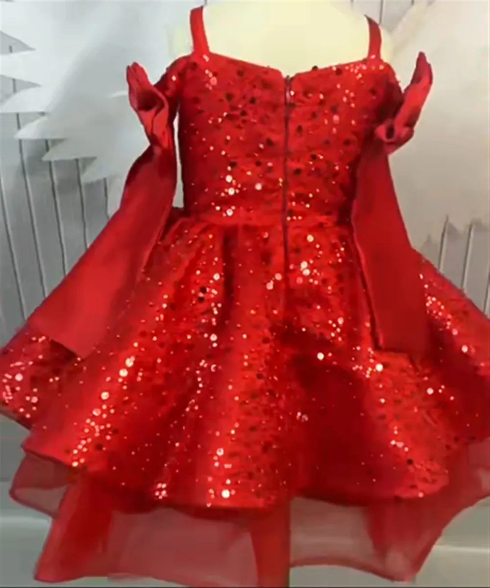 Luxury Red Flower Girl Dress Off Shoulder Fluffy Sequined with Bow Tiered Ball Gown Girls Princess Birthday Party Prom Gowns
