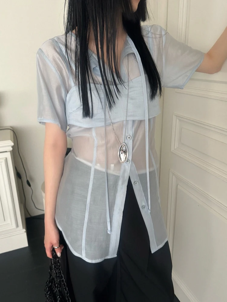 Faionable Damen-Sommer-Outfit Pure Desire Micro Translucent Single Button IRT + Tube Top Tank Zweiteiliges Set