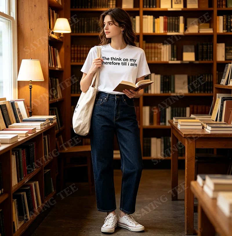 Sie denkt: „Ich denke, ich bin lustig, also bin ich es“ – Sarkastisches Meme-T-Shirt, Y2K Streetwear, personalisiertes Witz-Spruch-T-Shirt, Herrenbekleidung, Geschenk – Detail 3