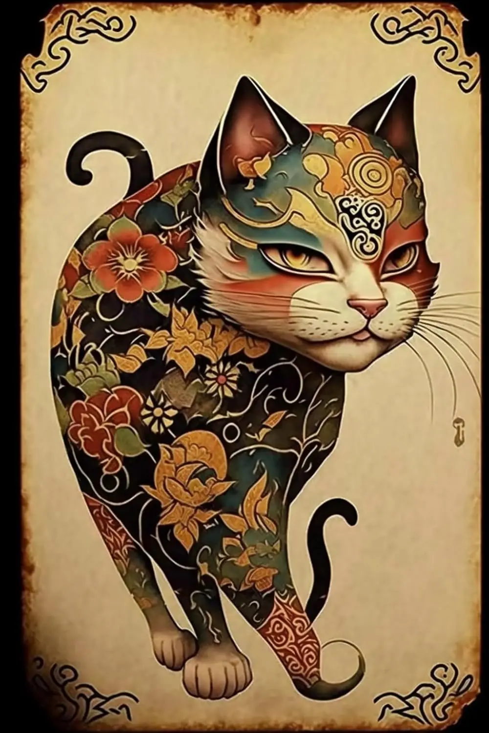 FEBIOAW Vintage Tin Signs Japanese Patterned Tattooed Cat Three Vintage Wall Decor Retro Art Tin Sign Funny Decorations For sign