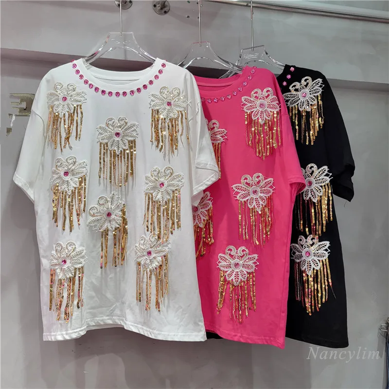 

Heavy Industry Rhinestone Flower Sequined Tassel T-Shirt Women's Summer Casual Mid-Length Loose Casual Chic Top Tees