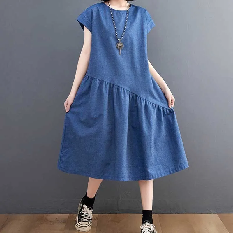 

Fashion O-Neck Folds Solid Color Short Sleeve Midi Dress Women's Clothing 2024 Spring Summer New Loose All-match Casual Dresses