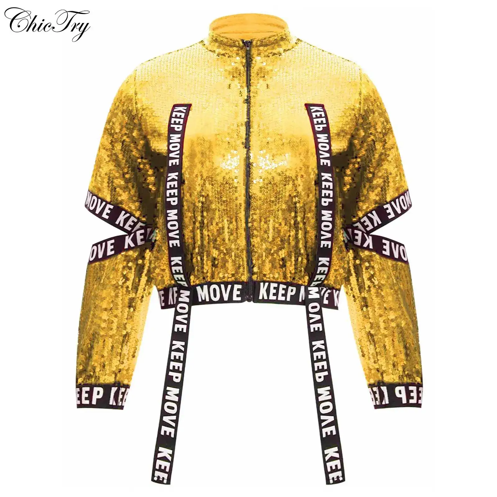 Crianças meninas hip-hop jazz dança topos palco desempenho traje recorte mangas carta impressa elásticos jaqueta de lantejoulas outerwear