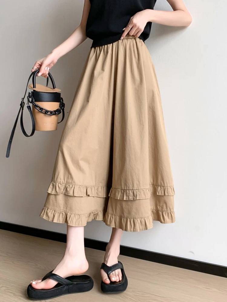 Summer Autumn 2023 Pants Cute Lace Layered Wide Leg Trousers Women Elastic Waist Loose Casual Cotton Pants