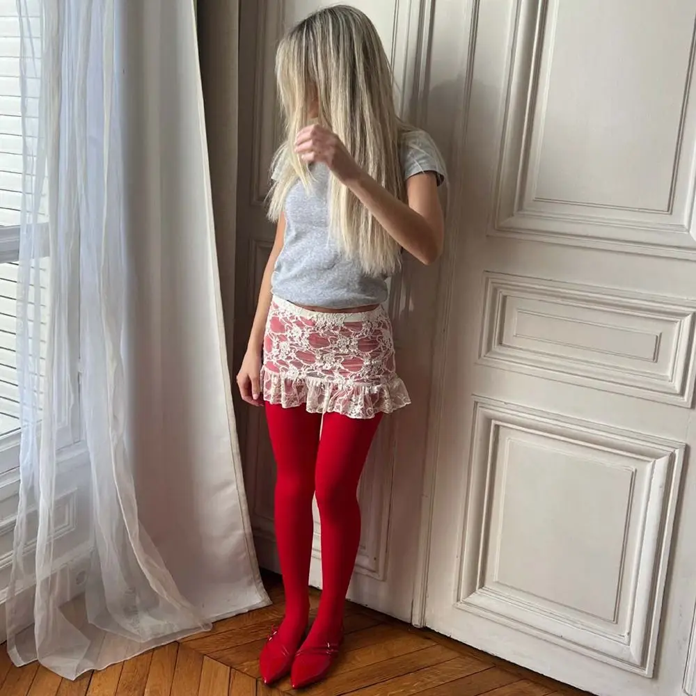 Nuova minigonna in pizzo con fiori ricamati Y2K Streetwear Harajuku Gonna con volant con lacci Vedi attraverso gonne a pieghe Decorazione jeans