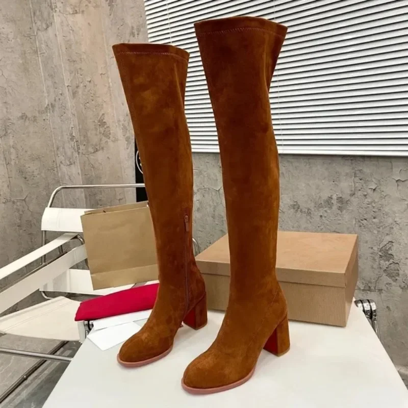 Autumn Winter New Size 34-41 Shoes for Women Natural Kid Suede Chunky Heels Over-the-Knee Long Boots Round Toe Designer Shoes