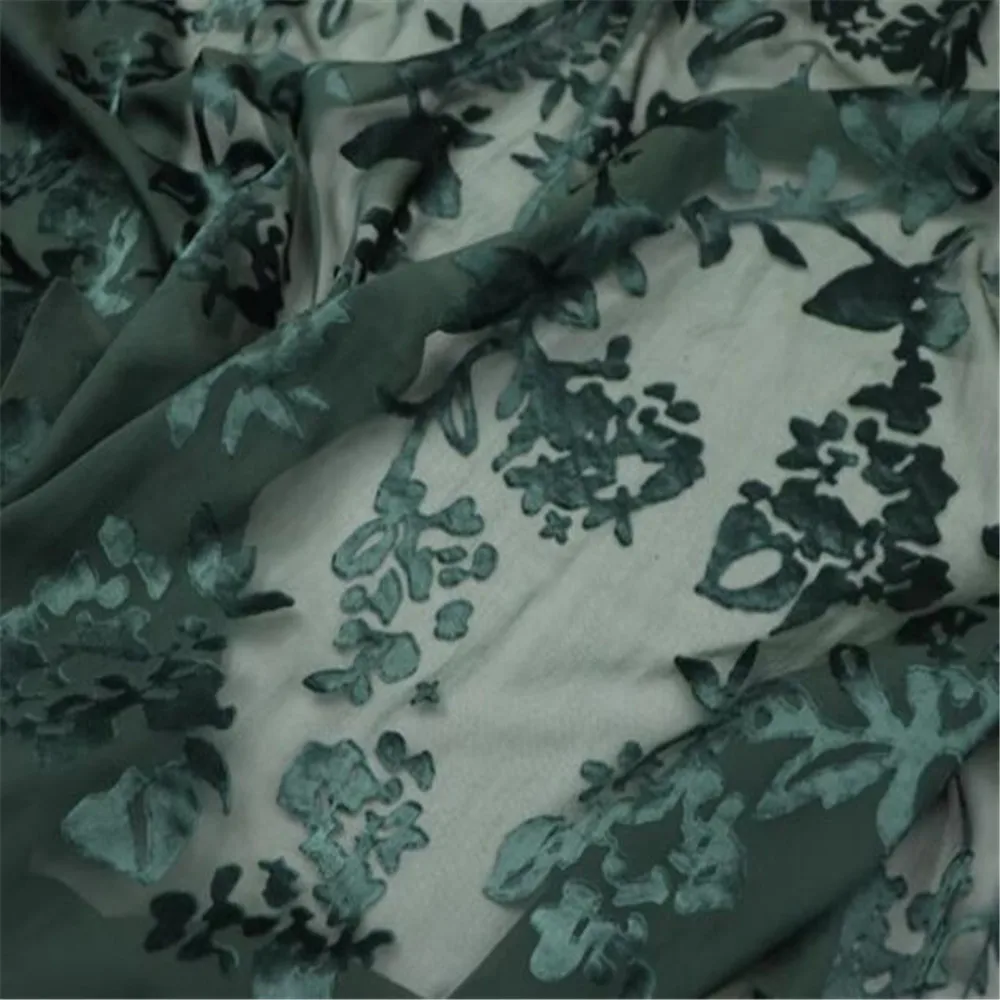 Amazing Dark Green Plain Dyed Color Breathable Floral Opal Silk Burn Out Fabric for Women Dress Shawl Clothes