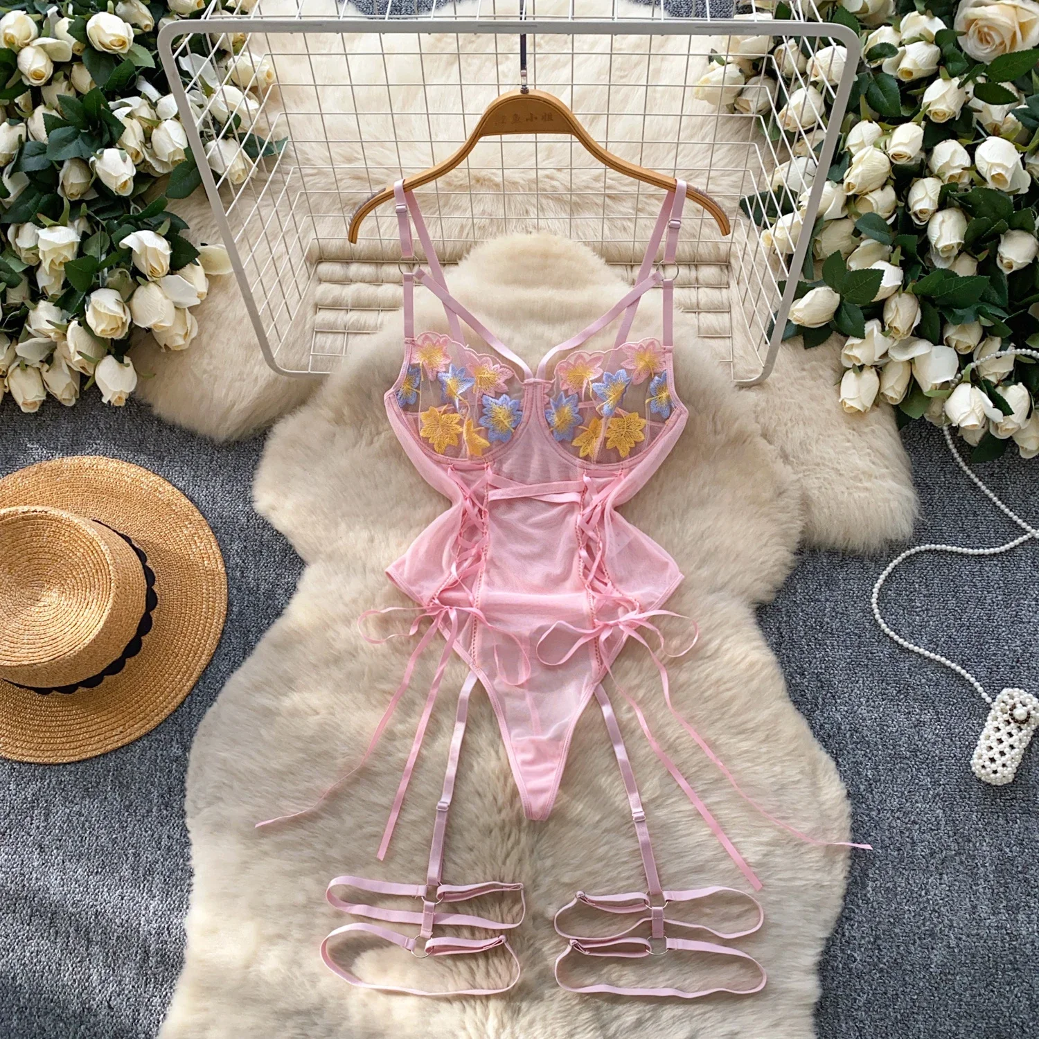 Women Hollow Out Sexy Lingerie Nightwear 2025 Strap Lace Up Backless Embroidery Cosplay Floral Mesh Erotic Bodysuits