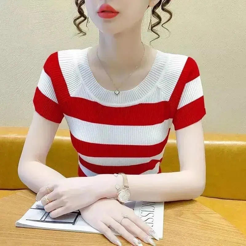 Fashion O-Neck Short Sleeve Knitted Striped T-Shirts Women\'s Clothing 2024 Summer New Slim All-match Tops Office Lady Tee Shirt