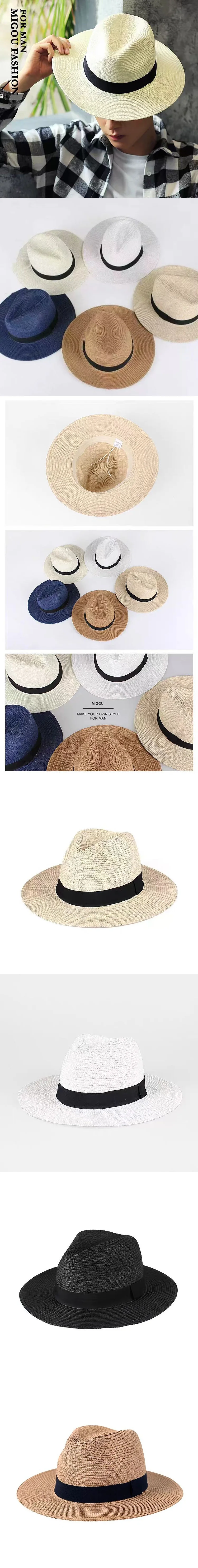 Wide Brim Jazz Sun Hat Summer Men's Dense Straw Hat Panama Hat with Black Ribbon XKTYM07