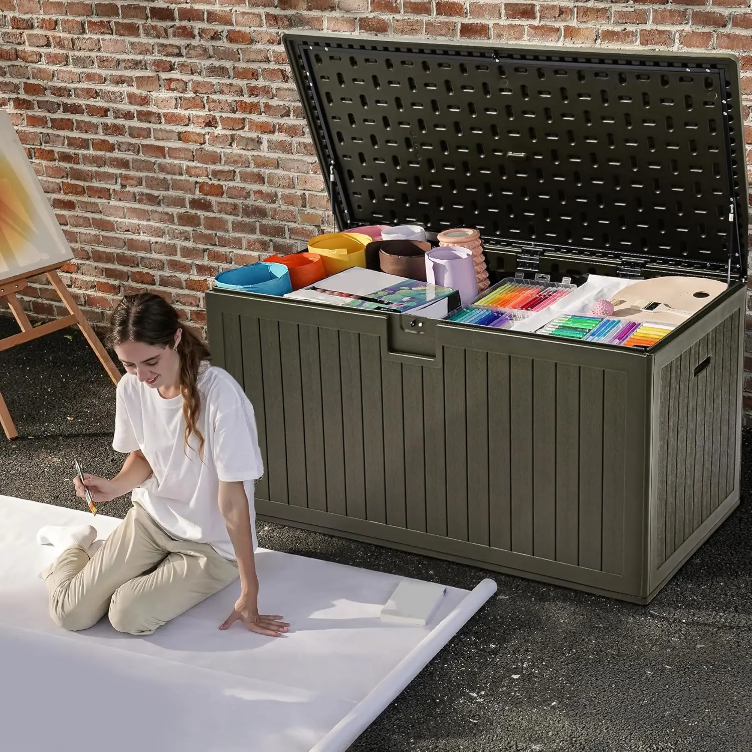 

90 Gallon Double-Wall Deck Box, Large Resin Outdoor Storage Box, Lockable & Waterproof, Double as Seating, 450lbs Capacity