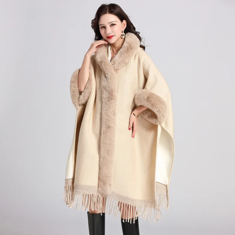 Oversized Women Cloak with Tassel Winter New Fashion Faux Fur Shawl Women's Warm Thicken Long Style Ponchos And Capes Coat WF292